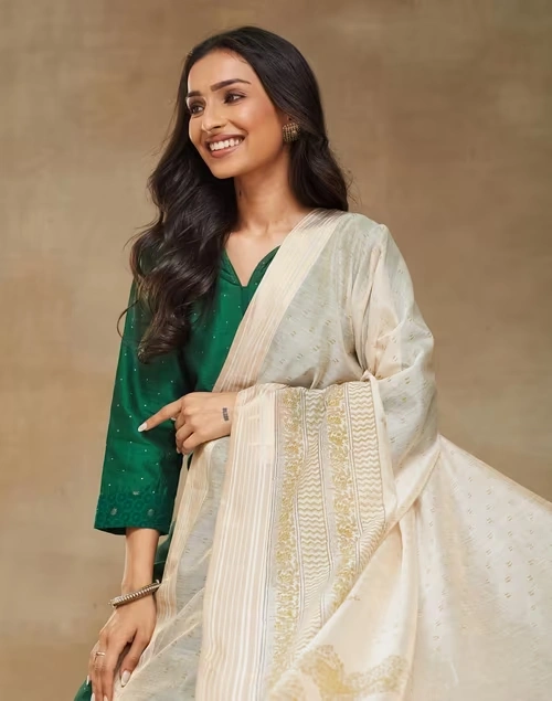 Beige Cotton Silk Blend Hand Block Print Dupatta