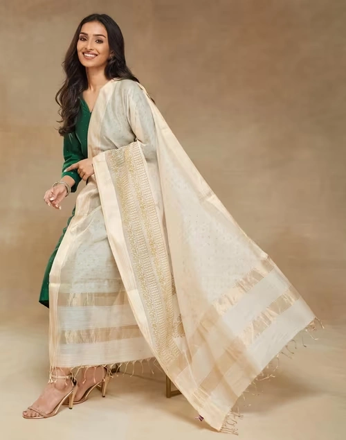 Beige Cotton Silk Blend Hand Block Print Dupatta