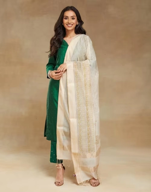 Beige Cotton Silk Blend Hand Block Print Dupatta