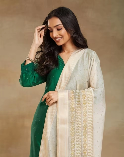 Beige Cotton Silk Blend Hand Block Print Dupatta