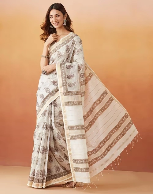 Natural Cotton Silk Blend Hand Block Print Sari