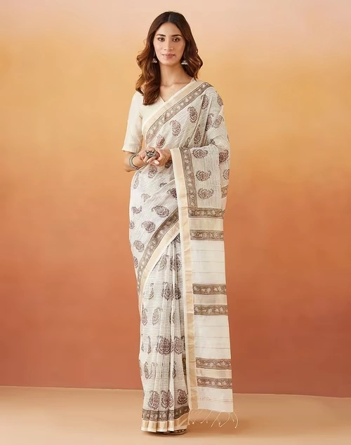 Natural Cotton Silk Blend Hand Block Print Sari