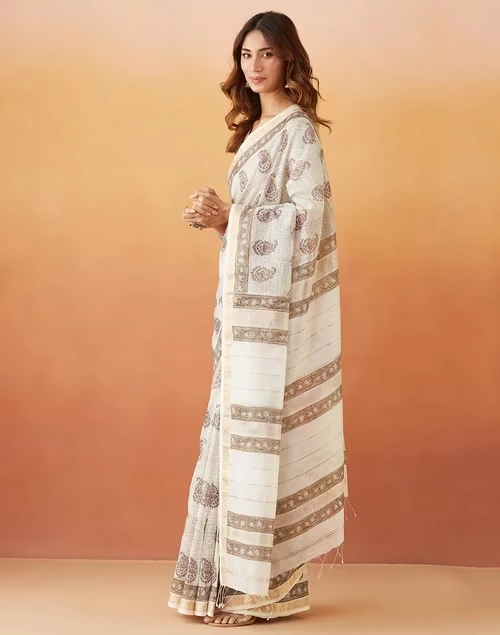 Natural Cotton Silk Blend Hand Block Print Sari
