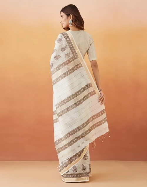 Natural Cotton Silk Blend Hand Block Print Sari