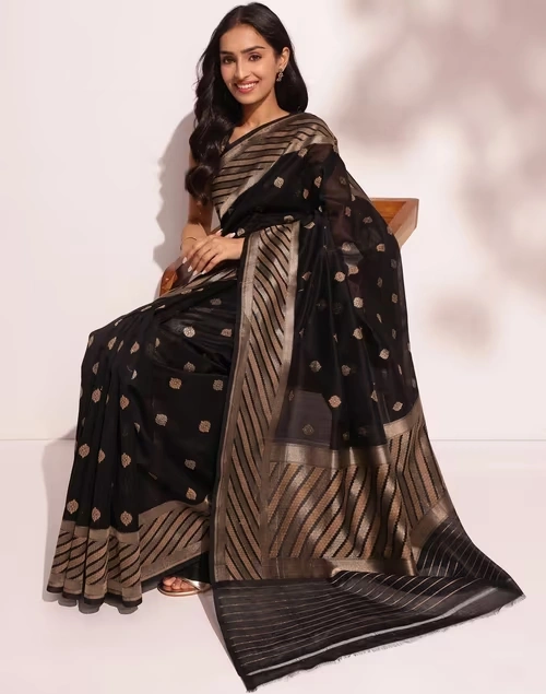 Black Cotton Silk Blend Woven Sari