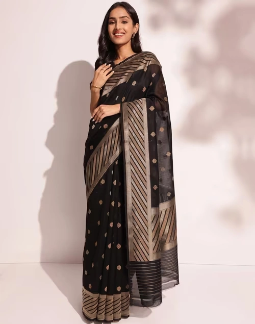 Black Cotton Silk Blend Woven Sari