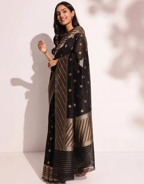 Black Cotton Silk Blend Woven Sari 3 Black Cotton Silk Blend Woven Sari