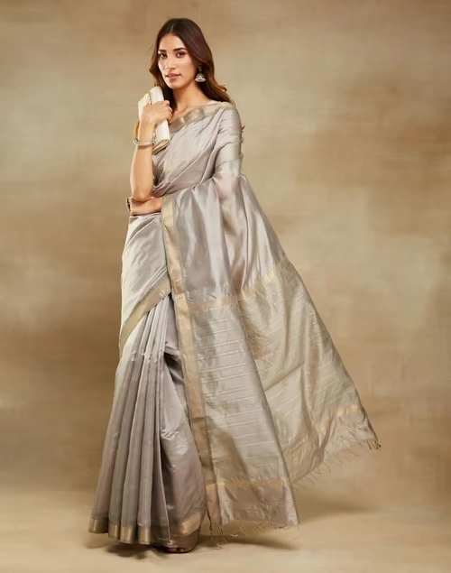 Grey Cotton Silk Blend Maheshwari Sari