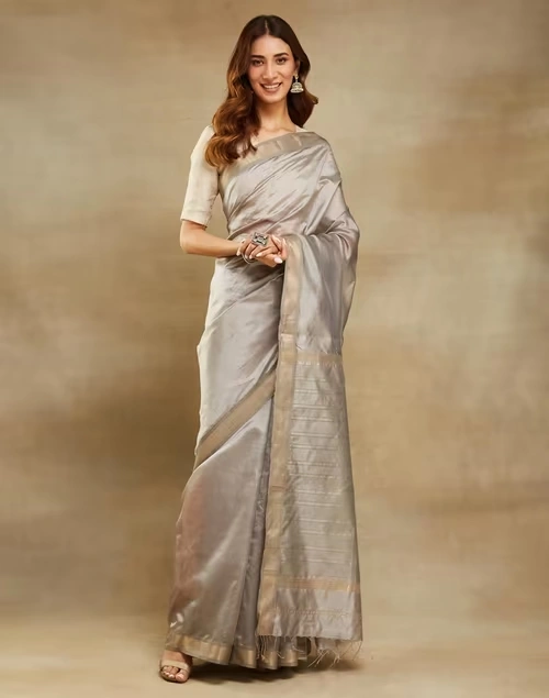 Grey Cotton Silk Blend Maheshwari Sari