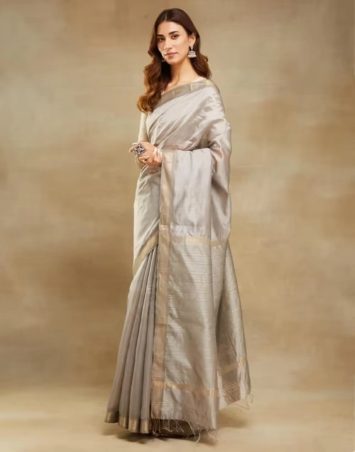 Grey Cotton Silk Blend Maheshwari Sari