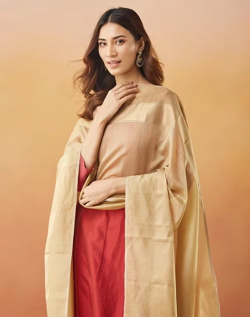 Beige Cotton Silk Blend Maheshwari Dupatta