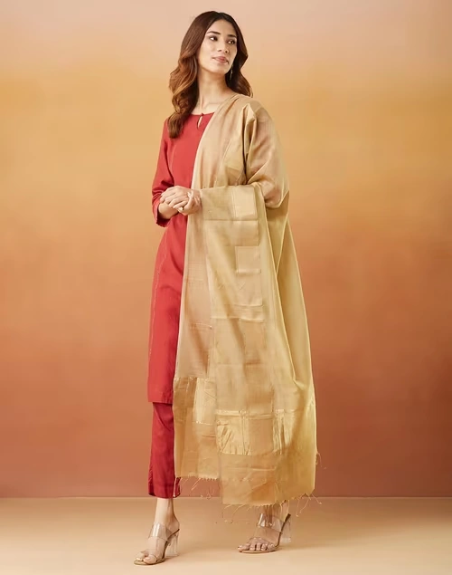 Beige Cotton Silk Blend Maheshwari Dupatta