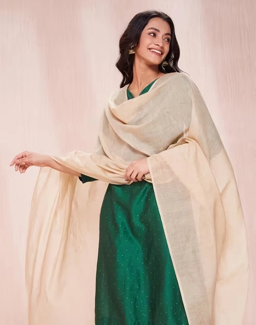 Beige Cotton Silk Embroidered Dupatta