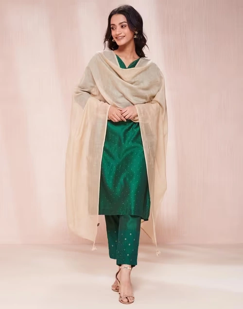 Beige Cotton Silk Embroidered Dupatta