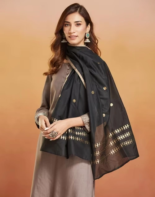 Black Cotton Silk Blend Banarsi Stole