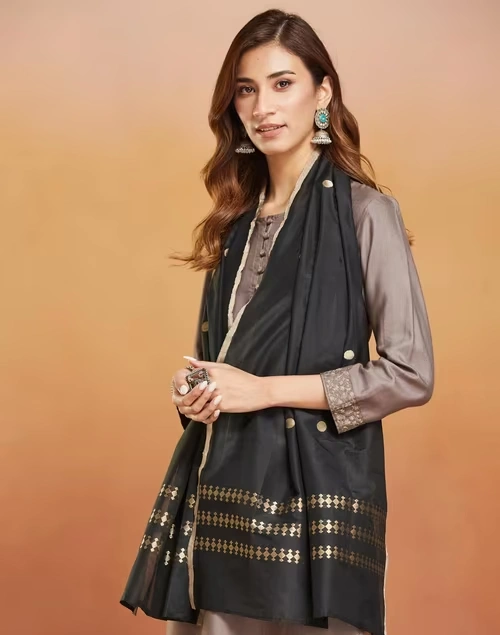 Black Cotton Silk Blend Banarsi Stole 3 Black Cotton Silk Blend Banarsi Stole