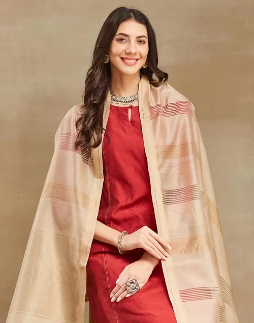 Beige Cotton Silk Blend Maheshwari Dupatta