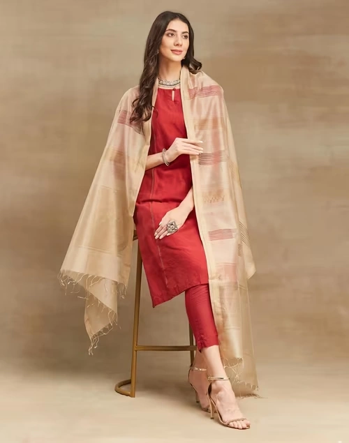 Beige Cotton Silk Blend Maheshwari Dupatta