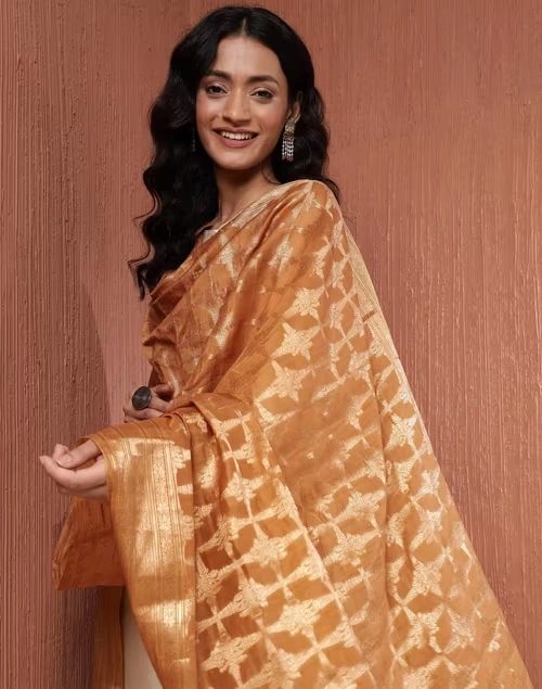 Mustard Cotton Silk Blend Woven Dupatta