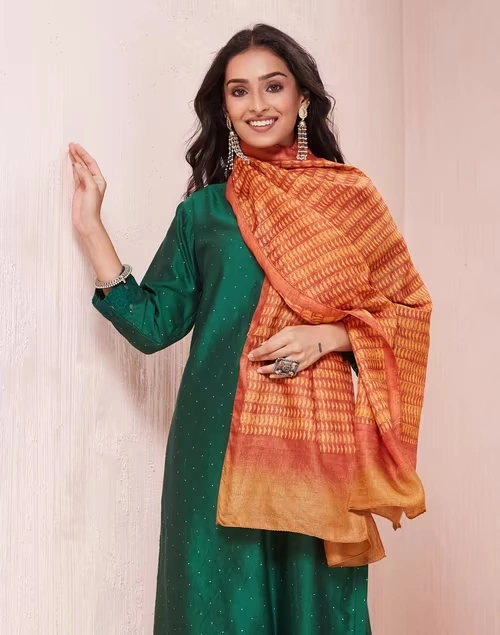 Mustard Silk Hand Block Printed Stole