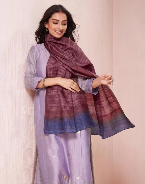 Wine Silk Hand Block Printed Stole