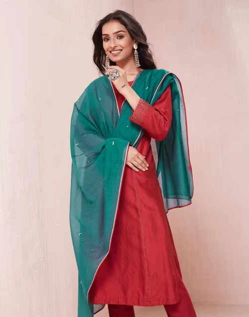 Teal Cotton Silk Embroidered Dupatta