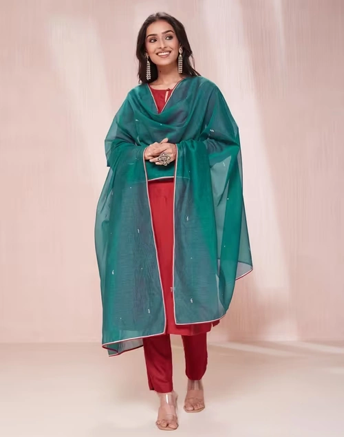 Teal Cotton Silk Embroidered Dupatta