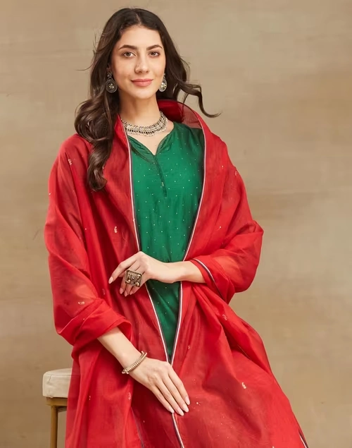 Red Cotton Silk Embroidered Dupatta