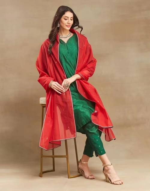 Red Cotton Silk Embroidered Dupatta