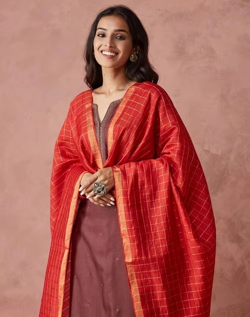 Maroon Silk Blend Woven Dupatta