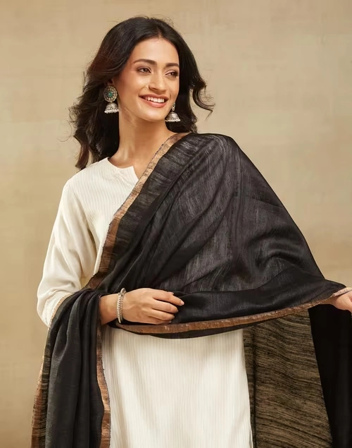 Black Silk Hand Woven Dupatta