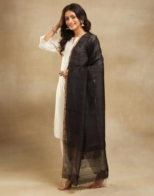 Black Silk Hand Woven Dupatta