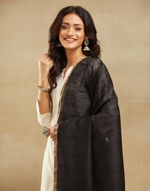Black Silk Hand Woven Dupatta 3 Black Silk Hand Woven Dupatta