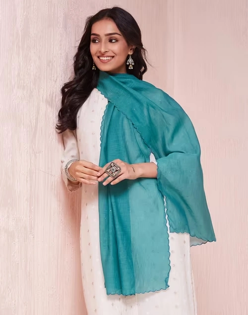 Teal Cotton Silk Woven Stole