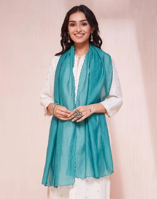 Teal Cotton Silk Woven Stole