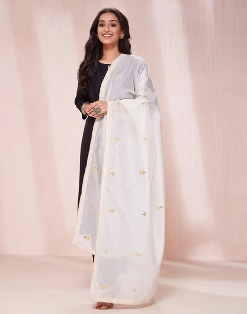 White Cotton Silk Embroidered Dupatta