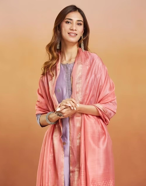 Pink Cotton Silk Blend Maheshwari Dupatta