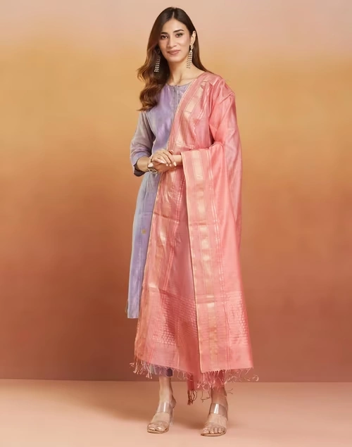 Pink Cotton Silk Blend Maheshwari Dupatta