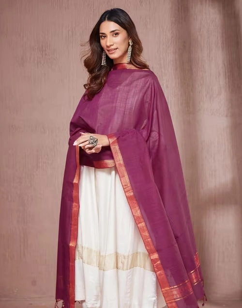 Wine Cotton Woven Dupatta