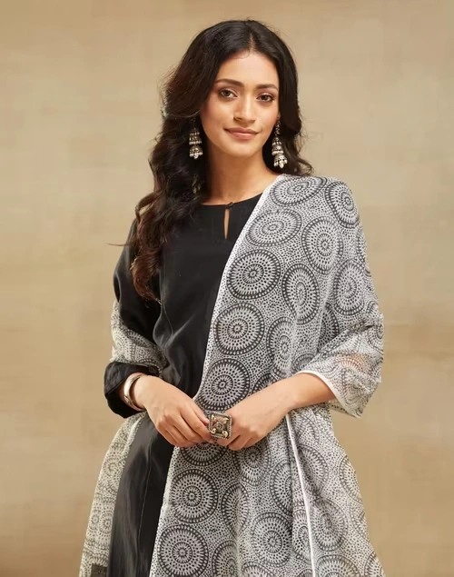 Black Cotton Silk Hand Block Printed Dupatta