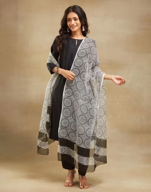 Black Cotton Silk Hand Block Printed Dupatta
