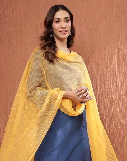 Yellow Cotton Silk Metallic Embroideries Dupatta