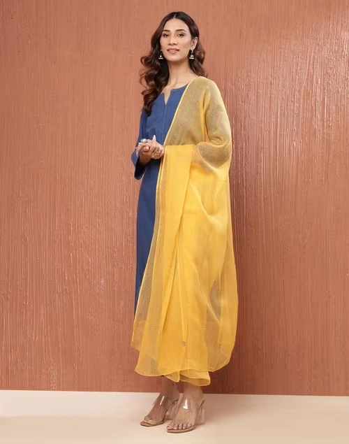 Yellow Cotton Silk Metallic Embroideries Dupatta