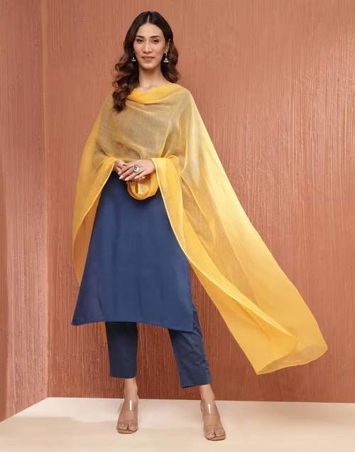 Yellow Cotton Silk Metallic Embroideries Dupatta