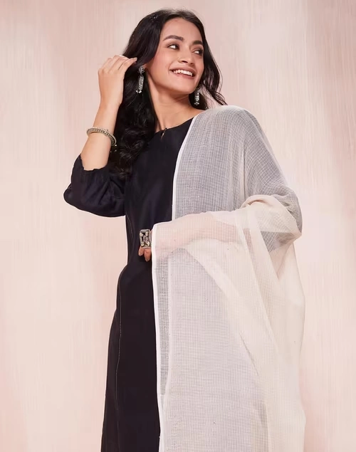 Beige Cotton Silk Metallic Embroideries Dupatta