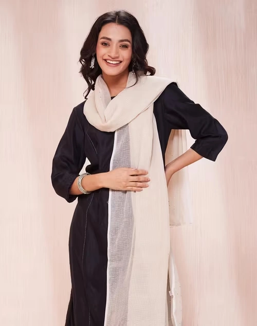 Beige Cotton Silk Metallic Embroideries Dupatta