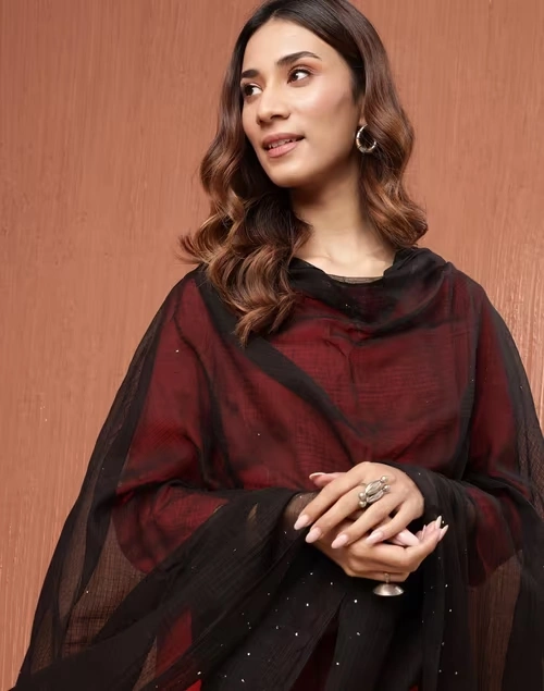 Black Cotton Silk Metallic Embroideries Dupatta