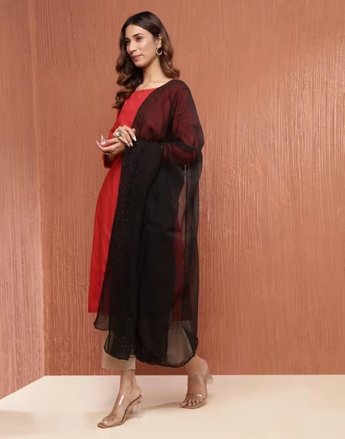 Black Cotton Silk Metallic Embroideries Dupatta