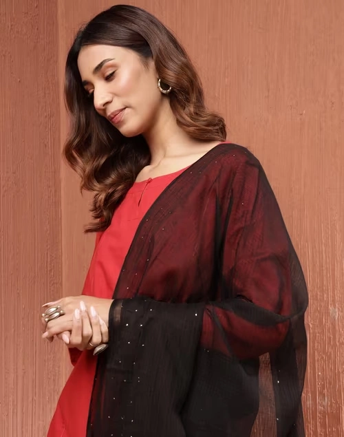 Black Cotton Silk Metallic Embroideries Dupatta