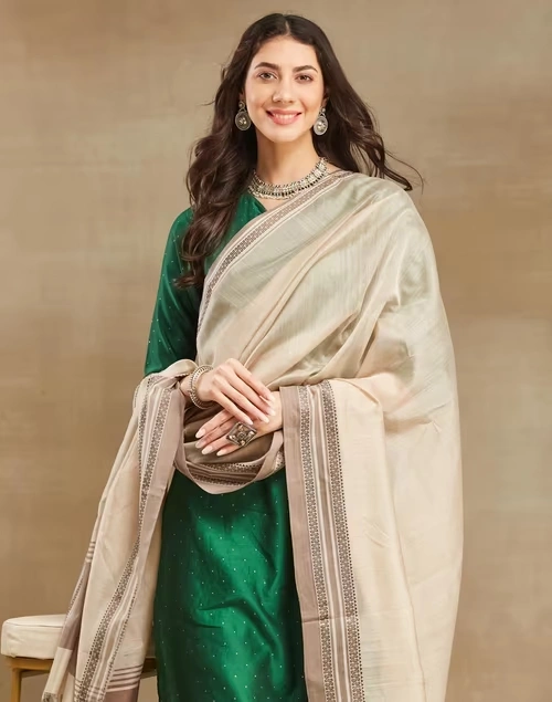 Beige Cotton Silk Blend Maheshwari Dupatta